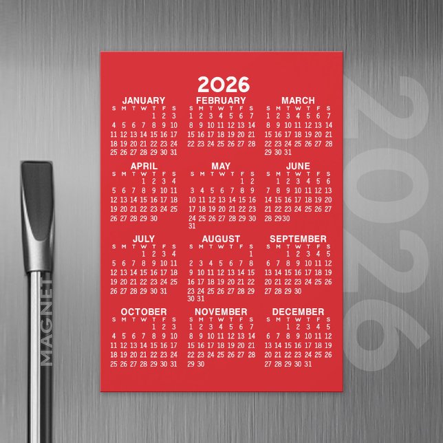 Full Year View Calendar Basic Red Magnetic Card (2026 Calendar with a Magnetic Back)