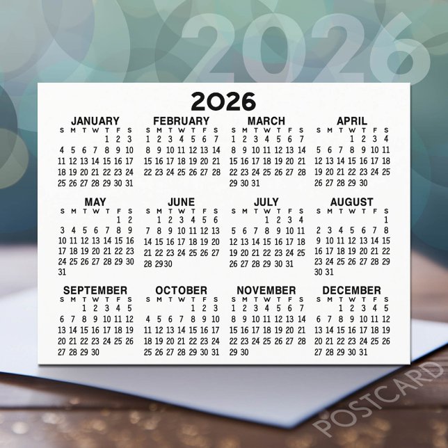Full Year View Calendar - horizontal Black Postcard (2026 Calendar Postcard)