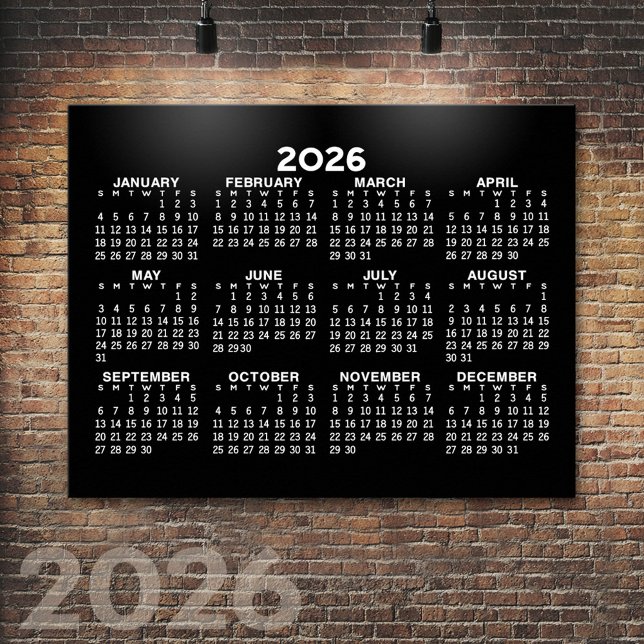 Full Year View Calendar - horizontal - Black Poster (2026 Calendar Poster)
