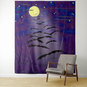 Full Yellow Moon Stars Flying Bats Halloween Tapestry