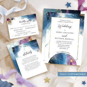 Fully Customisable, Celestial Blue Purple Wedding Invitation