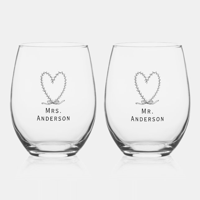 Fully customisable Mr and Mrs heart floral  Stemless Wine Glass (Front)