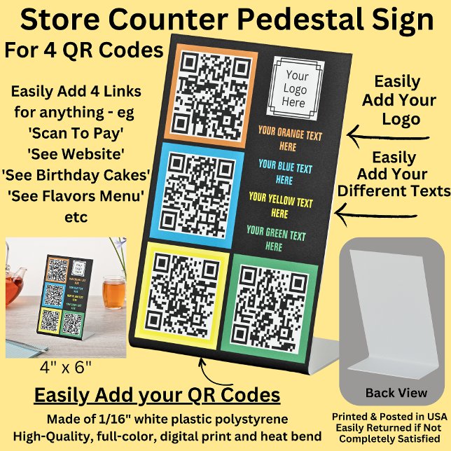 Fully Editable, 4 x QR Codes, with Text & Logo Pedestal Sign (Creator Uploaded)