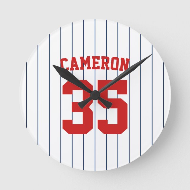 Fully Editable Colors Baseball Jersey Stripes Name Round Clock (Front)