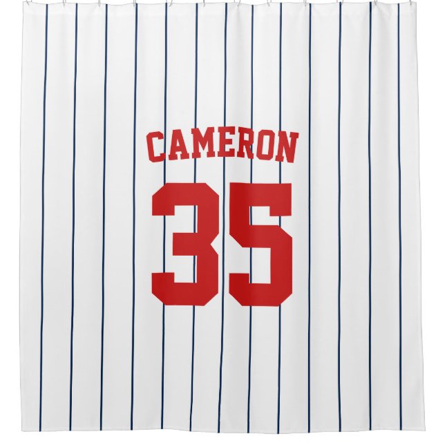 Fully Editable Colors Baseball Jersey Stripes Name Shower Curtain (Front)