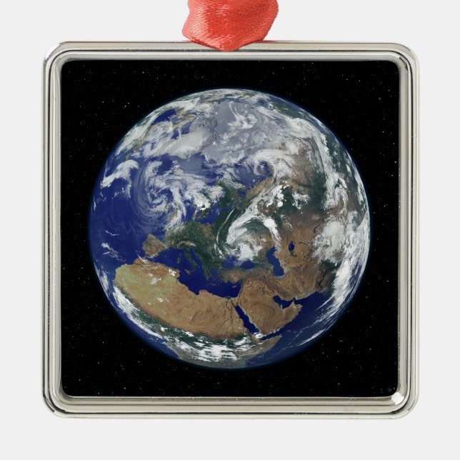 Fully lit Earth centred on Europe Metal Tree Decoration (Front)