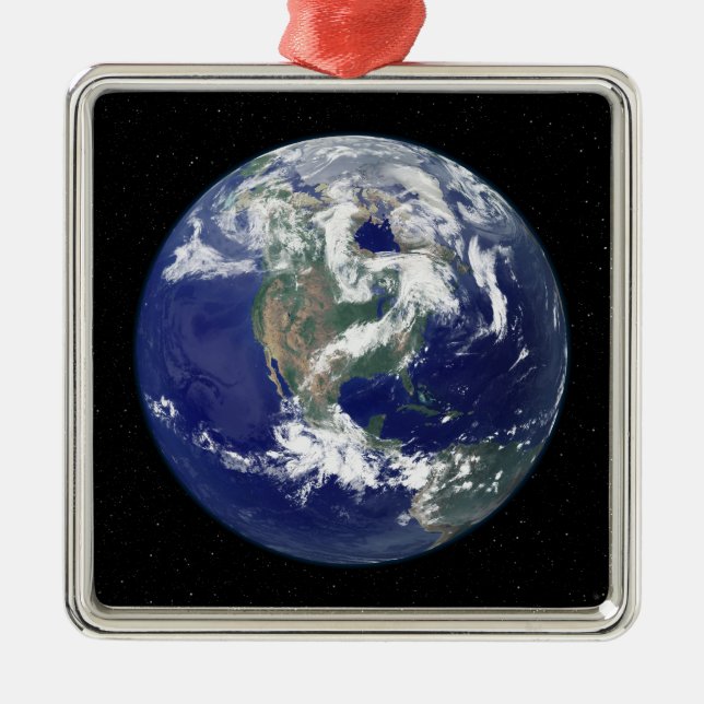 Fully lit Earth centred on North America Metal Tree Decoration (Front)