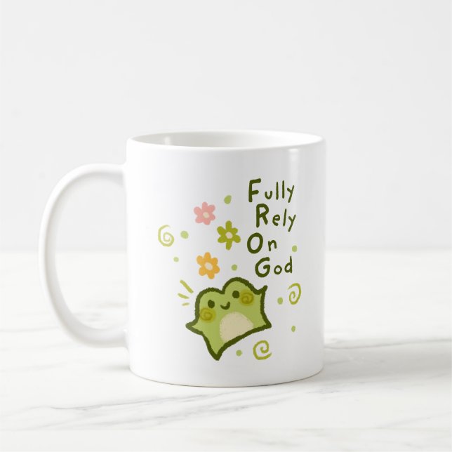 Fully Rely On God - Matcha the Frog - Christian Coffee Mug (Left)