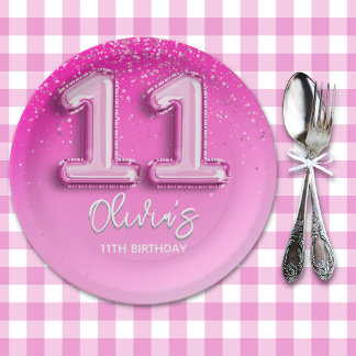 Fun 11th Birthday Girl Pink Number Balloon Paper Plate