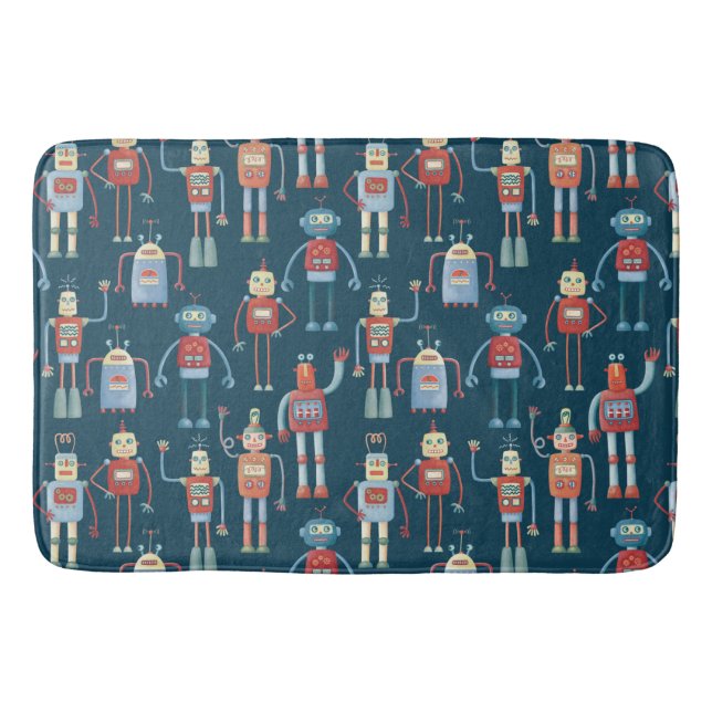 Fun 1950s Style Retro Robot Pattern Dark Bath Mat (Front)