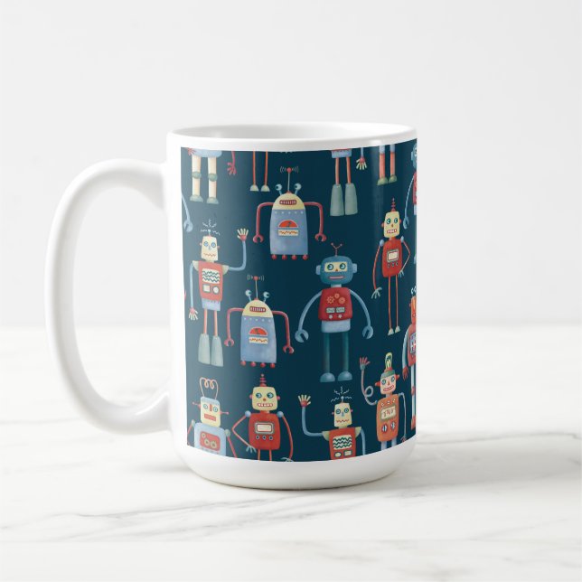 Fun 1950s Style Retro Robot Pattern Dark Coffee Mug (Left)