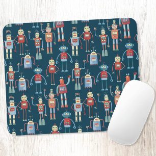 Fun 1950s Style Retro Robot Pattern Dark Mouse Pad