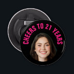Fun 21st Birthday CUSTOM TEXT Photo Black Pink Bottle Opener<br><div class="desc">Fun birthday photo bottle opener in a retro modern cutout photo design. The year is customisable to suit any birthday year, whether it be your 21st, 30th, 40th, 50th or 60th birthday party! To get the cutout effect please use a png file with the background already cut out. If not,...</div>
