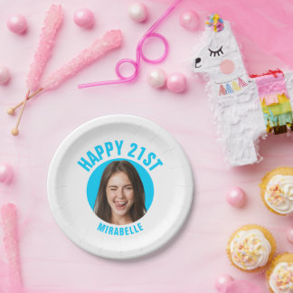 Fun 21st Birthday CUSTOM TEXT Photo Teal Paper Plate