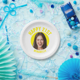 Fun 21st Birthday CUSTOM TEXT Photo Trendy Paper Plate