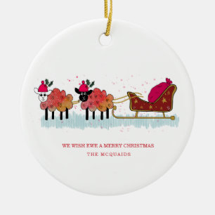 Fun 2 sheep pulling santas sleigh ceramic tree decoration