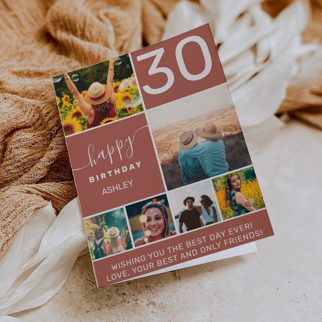 Fun 30 birthday terracotta 6 photo collage grid card (Creator Uploaded)