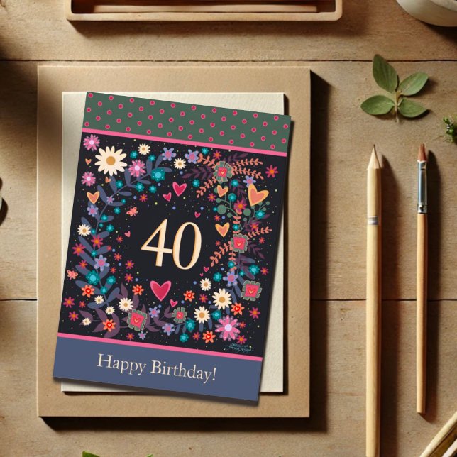 Fun 40th Birthday Floral Hearts Inspirivity Card (Creator Uploaded)