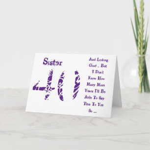 Fun, 40th birthday, sister, purple and white text. card
