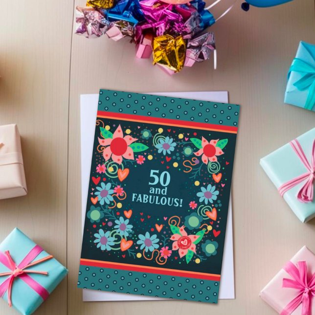 Fun 50 Fabulous Floral Girly Colourful Custom Age Card (Creator Uploaded)