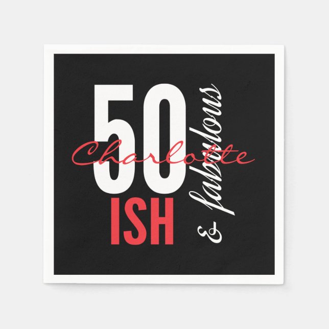 Fun 50ish and Fabulous Red & Black Typography Napkin (Front)