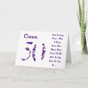 Fun, 50th birthday, cousin, purple and white text. card
