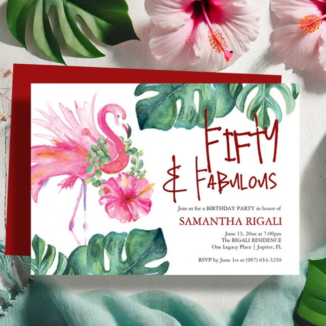 Fun 50th Birthday Invitation Tropical Flamingo (Fifty and fabulous birthday invitations tropical watercolor pink flamingo by Victoria Grigaliunas)