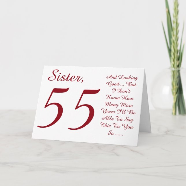 Fun, 55th birthday for sister, red and white text. card (Front)