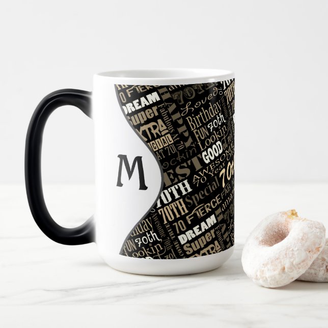 Fun 70th Birthday Party Personalised Monogram Magic Mug (With Donut)