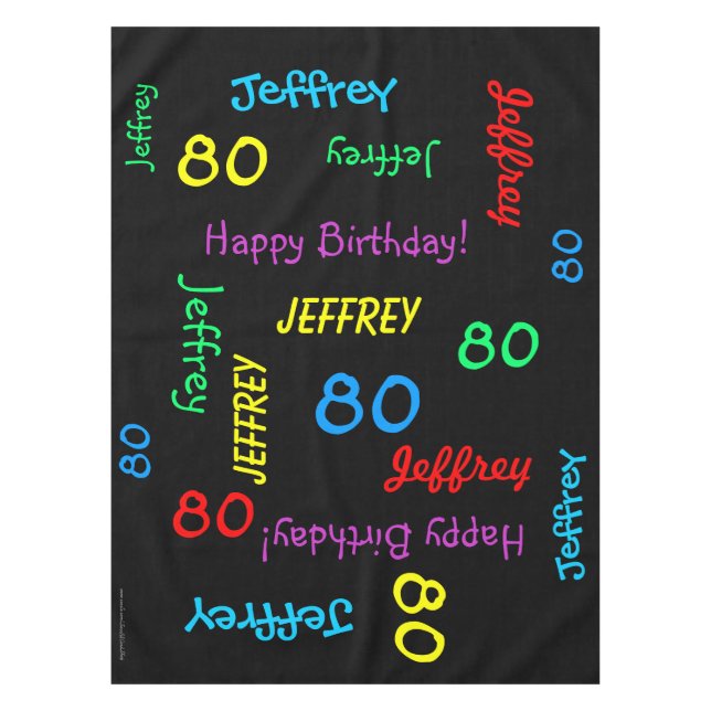 FUN 80th Birthday Party, Repeating Names Black Tablecloth (Front)