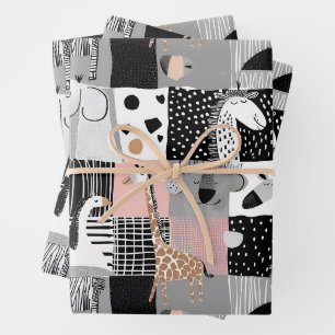 Fun abstract animal design in black, grey and pink wrapping paper sheet