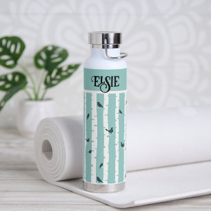 Fun Abstract Black Birds on Birch Trees with Name Water Bottle