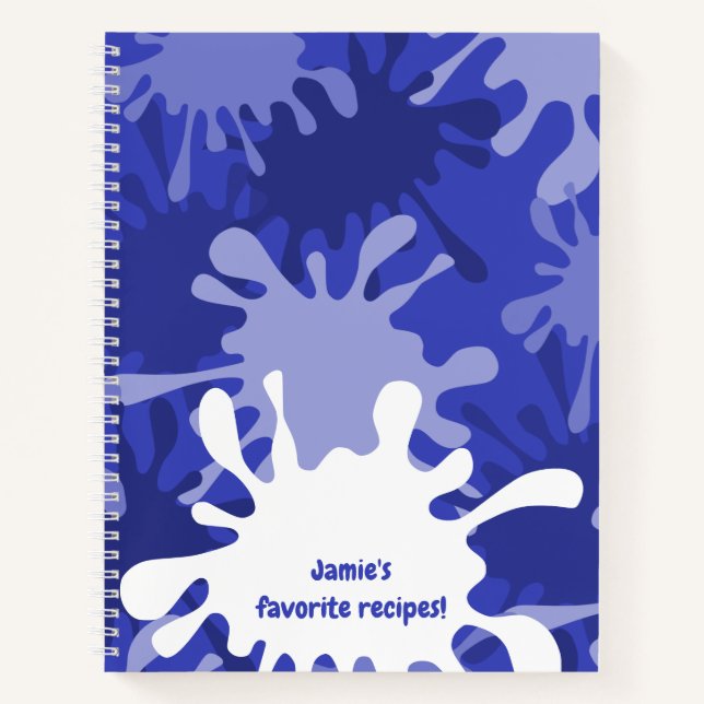 Fun Abstract Blue Splatter Painting Name Recipe Notebook (Front)