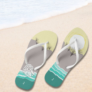 Fun Abstract Sunset Beach Shell & Initials Jandals