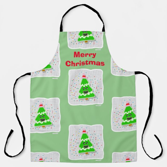 Fun Adorable Kawaii Christmas Tree Cartoon Apron (Front)