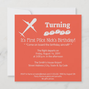 Fun Aeroplane Pilot Kids Birthday Orange Red Invitation