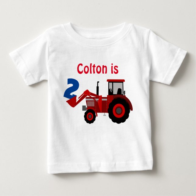 Fun "Age" and "Name" Red Tractor Birthday Baby T-Shirt (Front)