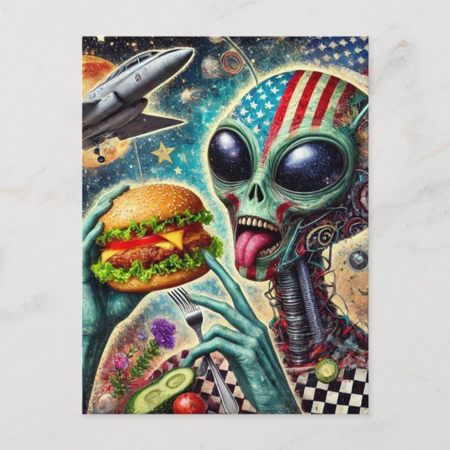 Fun Alien Eating Cheeseburger Encaustic Collage Postcard (Front)