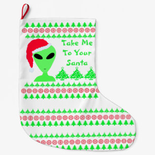 Fun Alien Santa Red Snowflakes Green Trees LGM Large Christmas Stocking