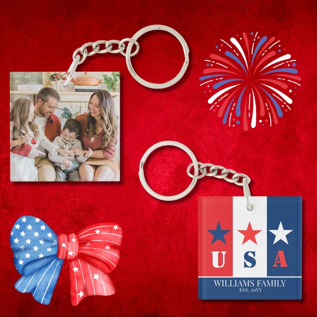 Fun American Flag,Patriotic USA,Family Name Photo  Key Ring (Creator Uploaded)