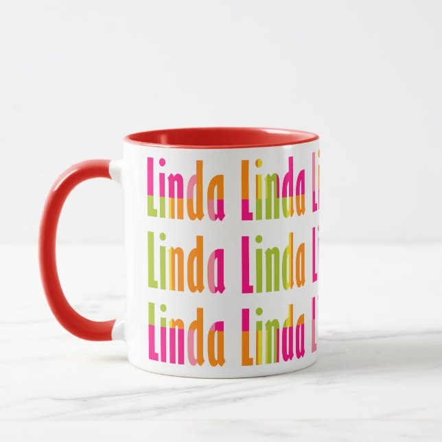 Fun and Bright Colourful Personalised "Linda" Name Mug (Left)
