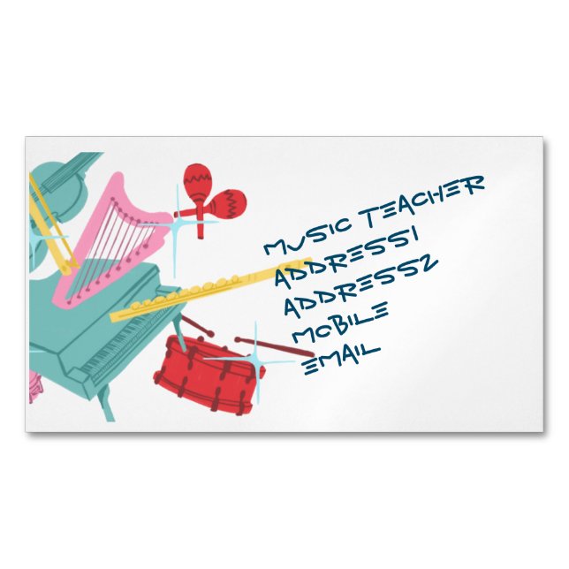 Fun and colourful  music instruments  magnetic business card (Front)