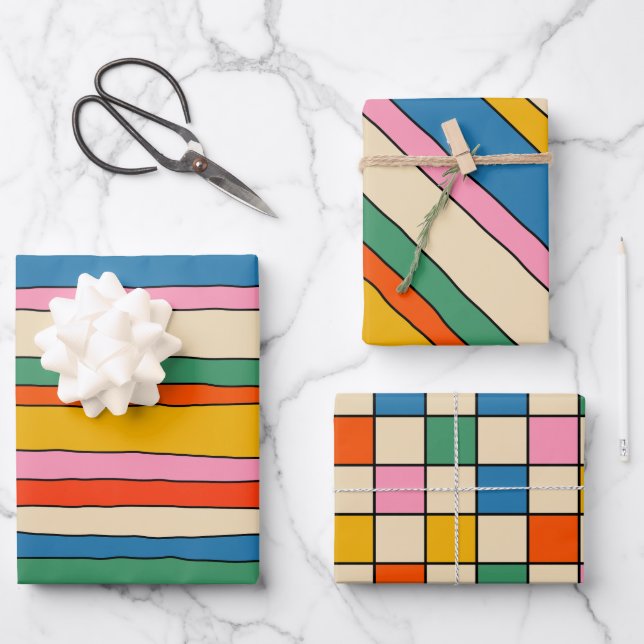 Fun and Colourful Stripes and Checks Patterns Wrapping Paper Sheet (Front)