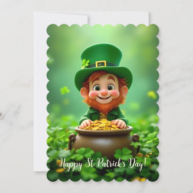 Fun and cute leprechaun, gold coins, shamrocks holiday card (Front)