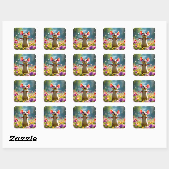Fun and cute mouse with hula hoop, custom  square sticker (Sheet)