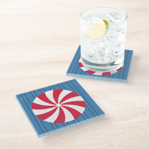 Fun and Fancy Blue Christmas Peppermint Candy Glass Coaster