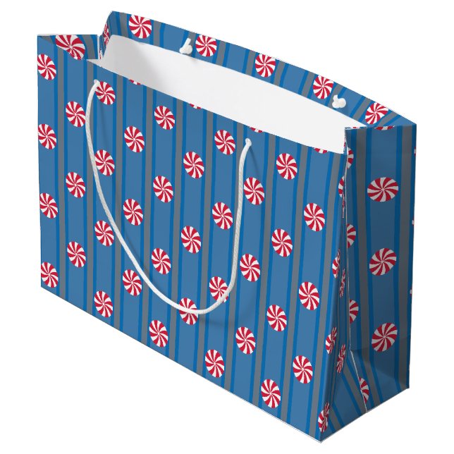 Fun and Fancy Blue Christmas Peppermint Candy Large Gift Bag (Back Angled)