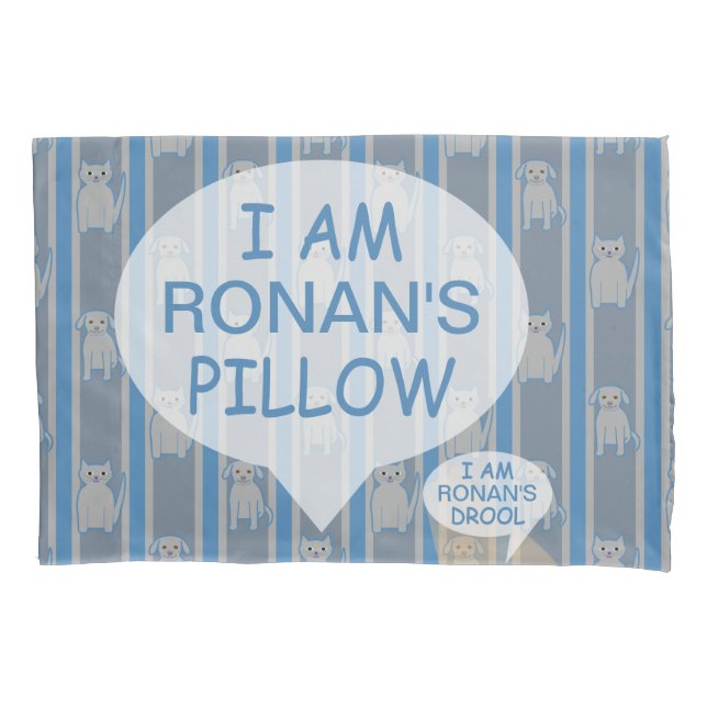 Fun and Fancy Customisable Kitty & Puppy Striped Pillowcase (Front)
