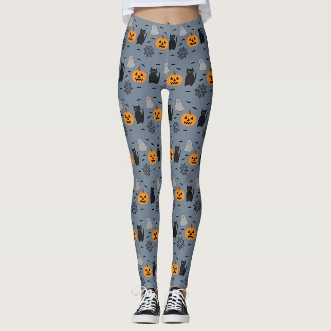 Fun and Fancy Halloween Cat Ghost Pumpkin Web Leggings (Front)