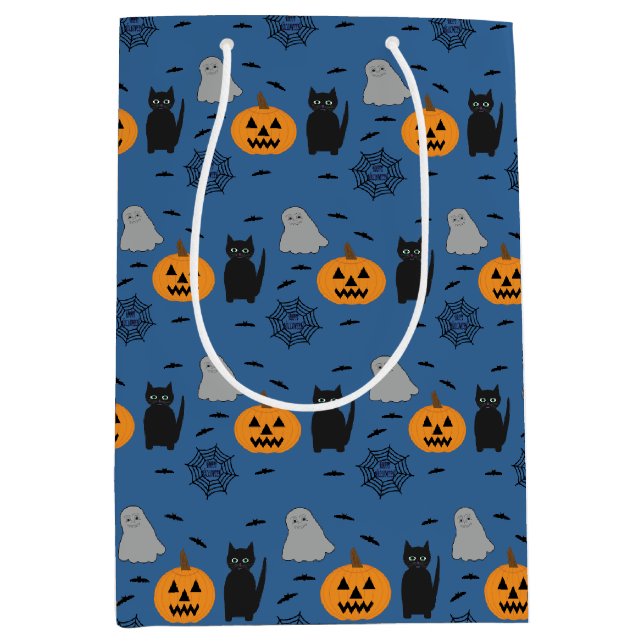 Fun and Fancy Halloween Cat Ghost Pumpkin Web Medium Gift Bag (Front)